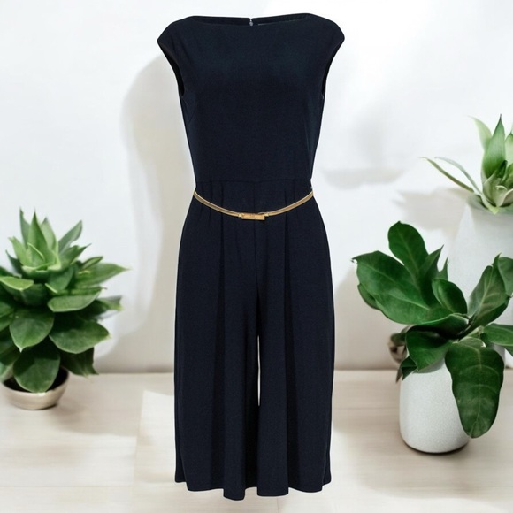 Ralph Lauren Women's Blue Cap Sleeve Wide-Leg Culotte Dress Jumpsuit w/ Pockets - Picture 3 of 16